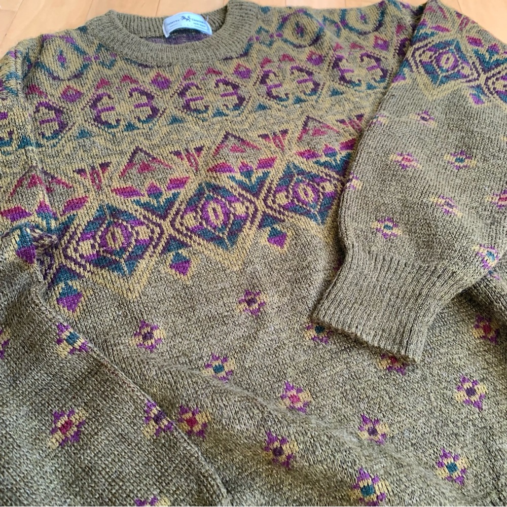 Vintage Geometric Pattern Long Sleeve Crew Neck Grandpa Sweater Partial Wool